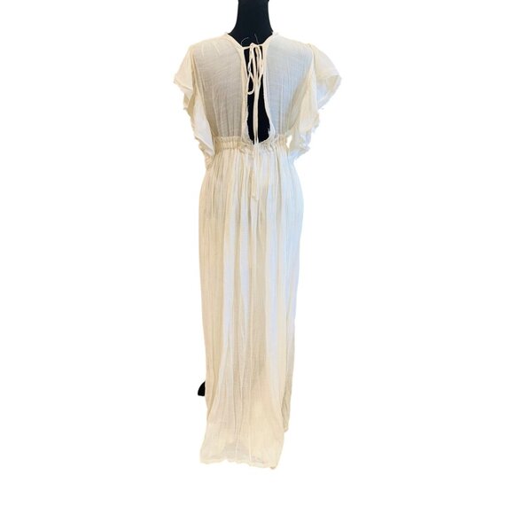 NWT Peach Love S/M Ivory Plunge Drawstring Backless Ruffled Cover Up Dress Maxi - Picture 3 of 16